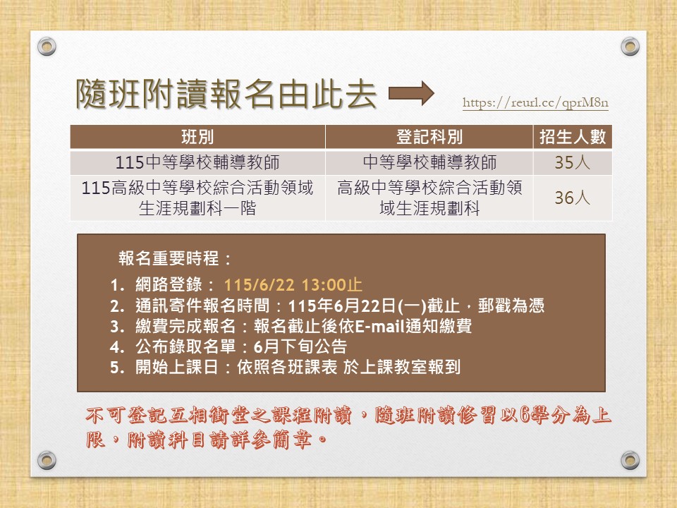 115生涯、中輔一階隨班附讀招生公告－延長